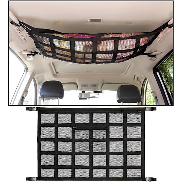 Takförvaringsnät, 80 x 55 cm Bilbagagenät, Multifunktionellt Dubbelskiktsnät, med Justerbar Dragkedja och Blixtlås, för SUV, Van