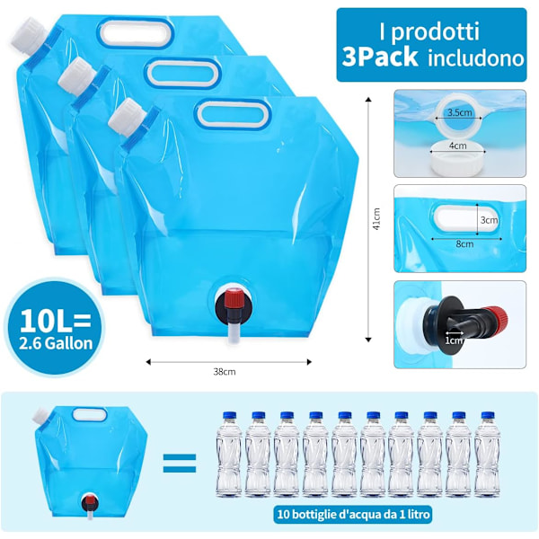 3-delad hopfällbar vattenbehållare 10L med läcksäker lock, kran, hopfällbar