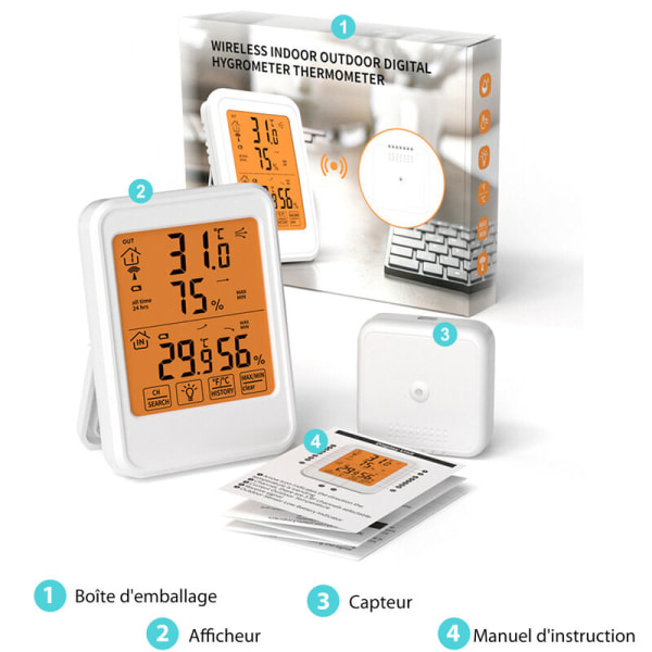 Termometer Hygrometer med udendørs sensorer, baggrundsbelysning og stort LCD-display