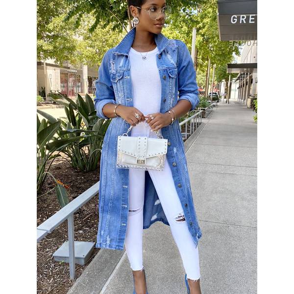 Kvinners Distressed Hole Over Knee Midi Lang Denim Jakke Trench Coat, STØRRELSE