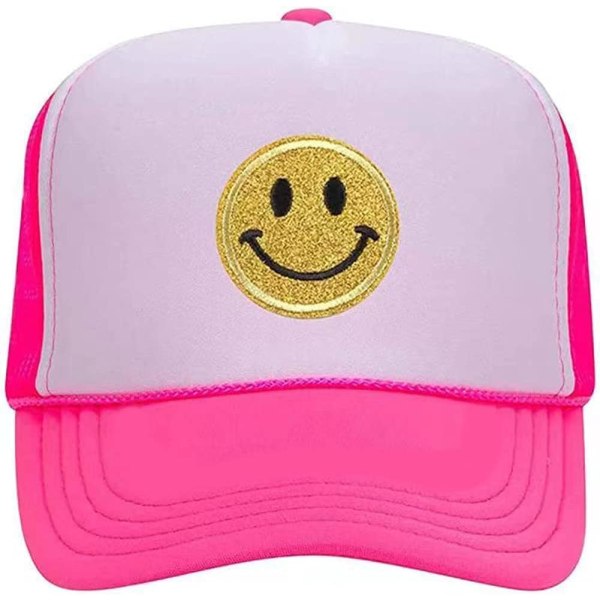 Fashion Smiley Sequin Print Neon High Crown Foam Mesh Back Trucker Cap - Unisex, One Size rosa