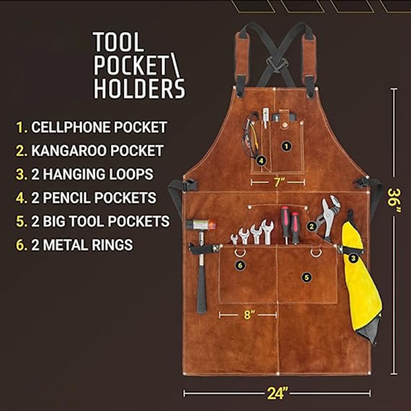 Profesjonelt lær sveiseforkle for menn med 6 lommer. Slitesterkt flammehemmende arbeidsforkle for sveising og beskyttelse for smed.