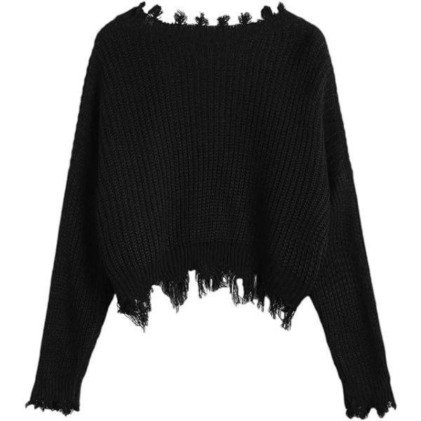 Kvinde løs langærmet V-hals Ripped Pullover Strik Sweater Crop Top sort