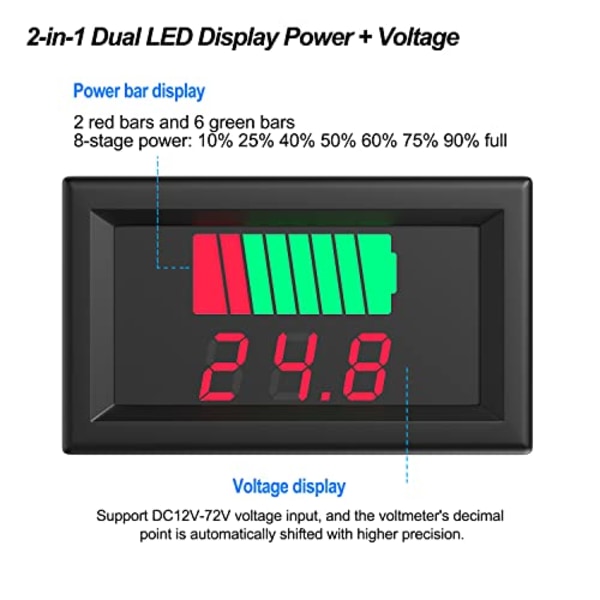 Batterispændingsovervåger, 2 i 1 Universal Batteristatusovervåger 12V, 24V, 36V, 48V, 60V LED Digital Batterimåler kompatibel med Lithium og Blysyre B