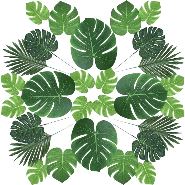 88 st 6 sorters djungel blad med stam faux monstera blad tropiska blad dekor simulation safari blad för hawaiiansk fest djungel strand tema fest bord lämna dekorationer