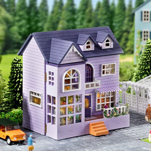Miniature og møbleret dukkehus-sæt, mini 3D træ dukkehus håndværk model, lilla