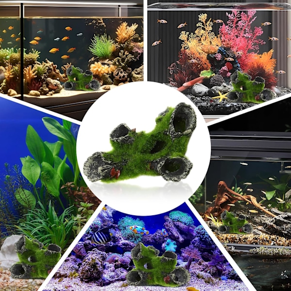 Akvarium Ornament Huleform Steinutsikt med Grønt Gress for å Gjemme Reker og Fisk Landskap Stein Gjemme Hule Tre Akvarium Dekorasjon