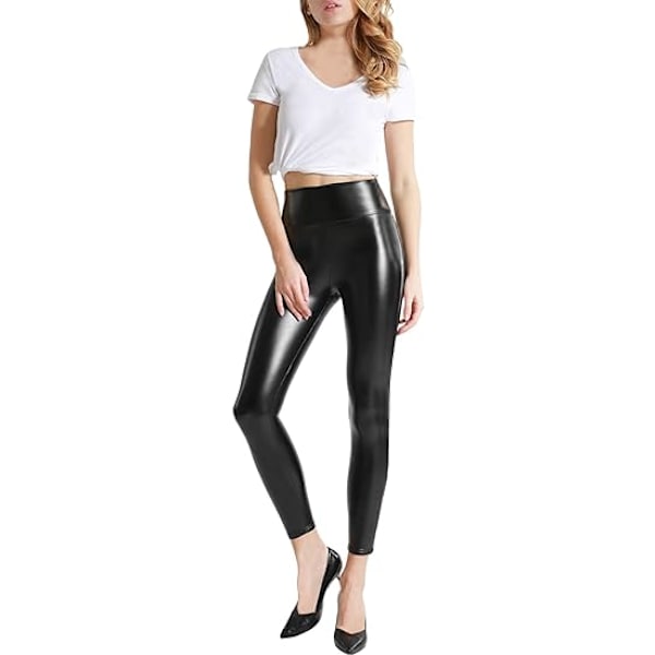 Kvinders elastiske leggings i kunstlæder - Sexede sorte leggings med høj talje