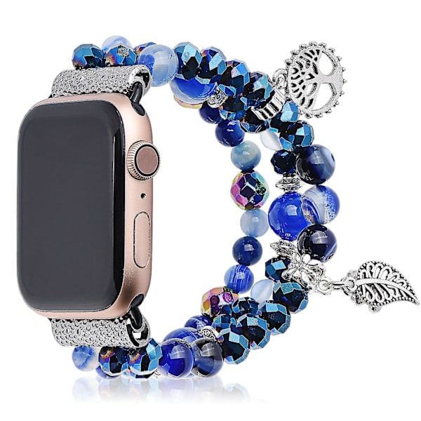 Fashion Iwatch Blå Krystal Perle Armbånd Rem Med Livets Træ Og Blad Vedhæng Til Apple Watch Serie 8 49/45/44/42MM