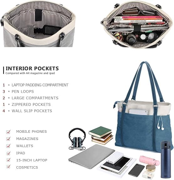 Kvinder Laptop Tote Arbejde Let Patchwork Lærred 15.6\" Tote Pung Blå