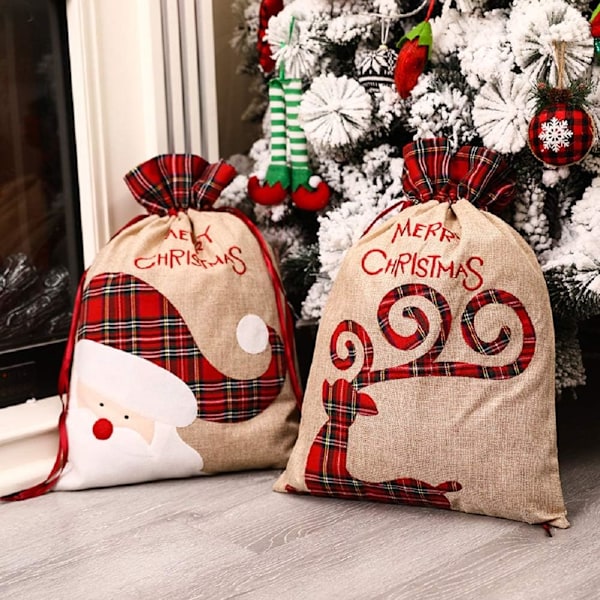 2 Pakker Jule-Nisseposer, Store Juleposer i Lin med Trekkstreng for Gaveinnpakking, 56 x 39 cm Gjenbrukbare Gaveoppbevaringsposer