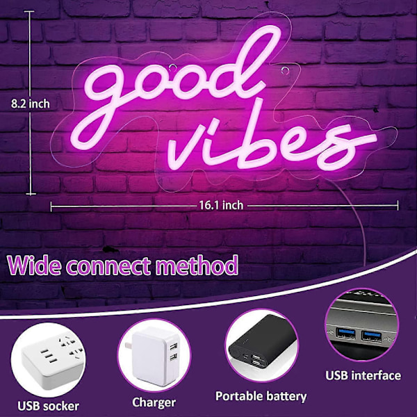 Good Vibes eon-skylt med USB-ström och dimmer, rosa LED eon-skyltar för sovrum, eon-lampor för väggdekoration, spelrum, fest, bardekoration - 16,1 * 8,2