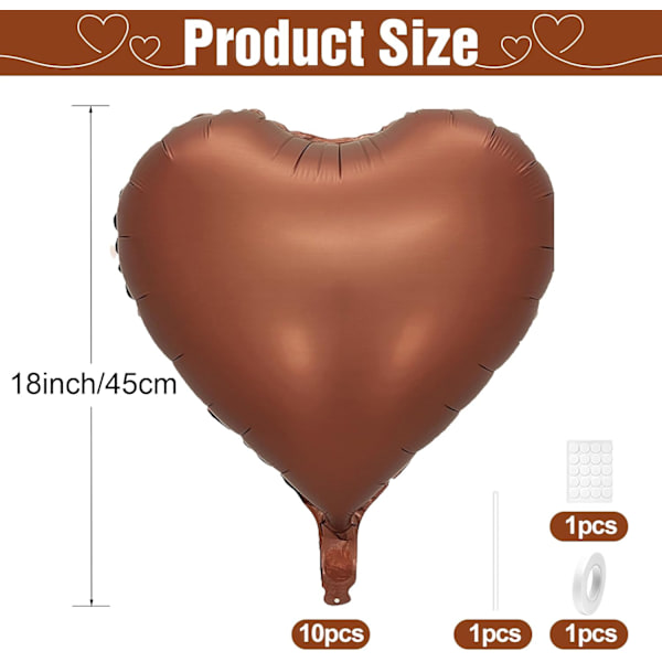 Brun Hjerteballon, 10 stk Boho Brun Folie Hjerteballon, 18 tommer Chokolade Khaki Helium Polyester Folie Ballon til Valentinsdag, Forlovelse, Fødselsdag, B