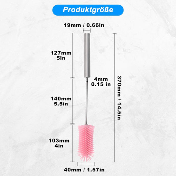 x Rosa Flaskekost - Silikon - Lang Håndtak - Lengde: 37 cm - Roterende Funksjon for Dyp Rengjøring - Vannflaske, Glass og Melkeflaske