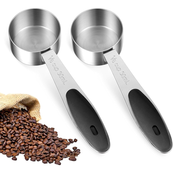 Kaffe-måttskedar i förpackning, 30 ml, 1/8 kopp tesked, 30 ml kaffesked i rostfritt stål med svart silikonhandtag, 30 ml kaffemåttsked