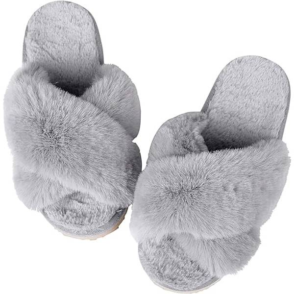 Kvinder Bløde Plys Letvægts Hjemmesko Fuzzy Krydsbånd Slip on Open