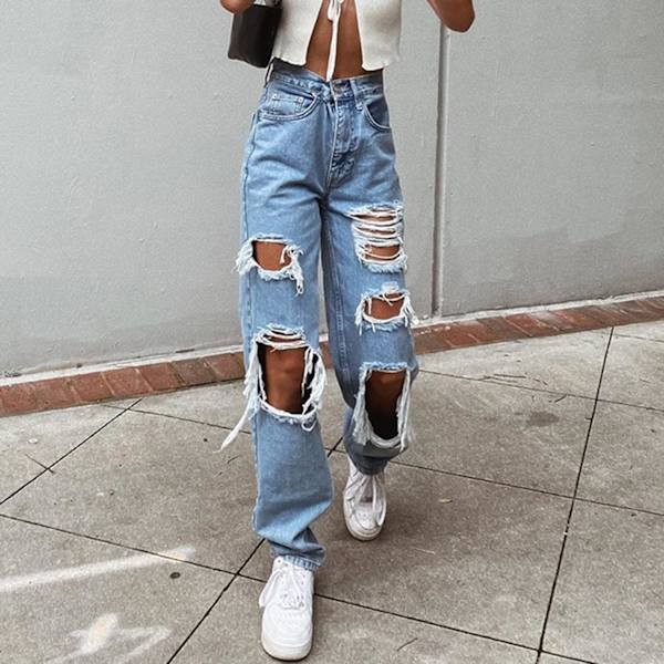 Kvinnors högmidjade lösa slitna jeans, pojkvänsmode stora denimlösa