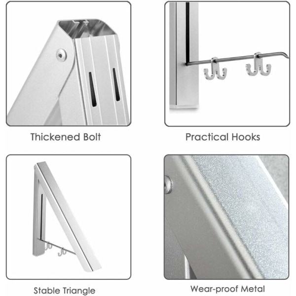 Fällbar väggmonterad klädhängare, aluminium infällbar väggmonterad klädhängare, platsbesparande krok för vardagsrum, sovrum, badrum, balkong (silver, 1) 290 g