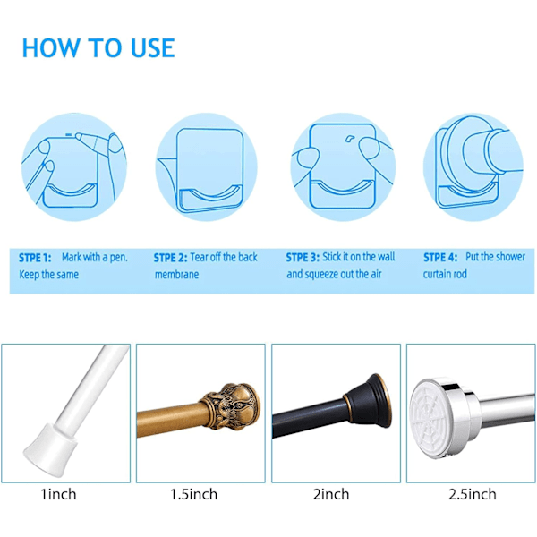 6 stk. selvklæbende gardinstangsholder, badeforhængsstangsholder, vægmonteret håndklædeskabstangsholder, stangkroge til brusebadsstang, stangbeslag til hjemmet og badeværelset