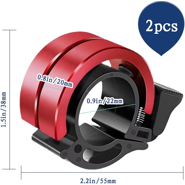2-pack cykelklocka, 80 dB aluminiumlegering cykelklocka för MTB landsvägscykel vuxen 22-24 mm styre