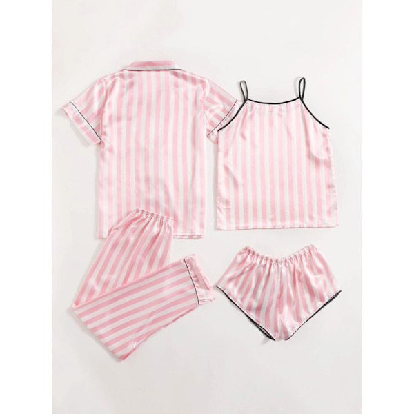 Kvinners Silke Satin Pyjamas Sett 4 Deler Nattøy Loungewear Pj Sett L