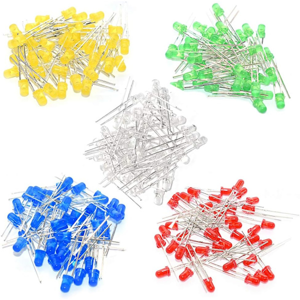 500 st 3 mm LED-belysningssats, sorterade glödlampor, elektroniska lampor, komponenter, delar, set för Arduino, 5 färger, vit/röd/gul/grön/blå, 100 st vardera