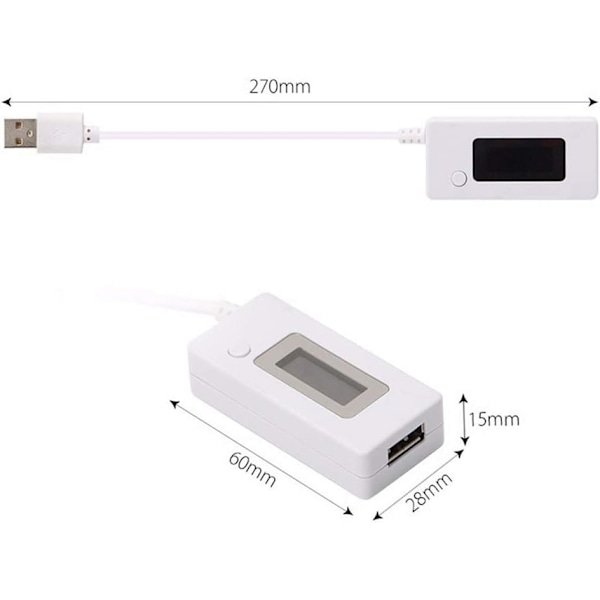 Hvit hale LCD-bakgrunnsbelyst LCD digital display USB-amperemeter voltmeter lading