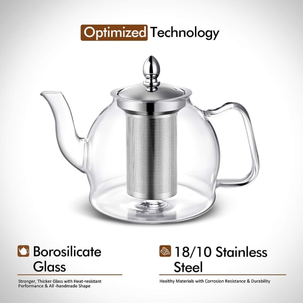 1000 ml glass tekanne med avtagbar te-infuser, komfyrsikker tekanne