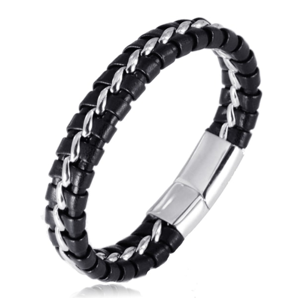 Barn armband i äkta läder för pojkar. Kedja i titansilver med