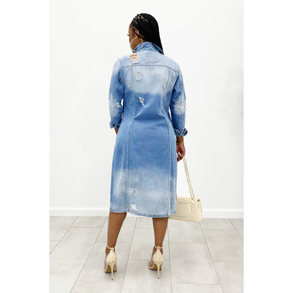 Dame Distressed Hole Over Knee Midi Lang Denim Jakke Trenchcoat, STØRRELSE