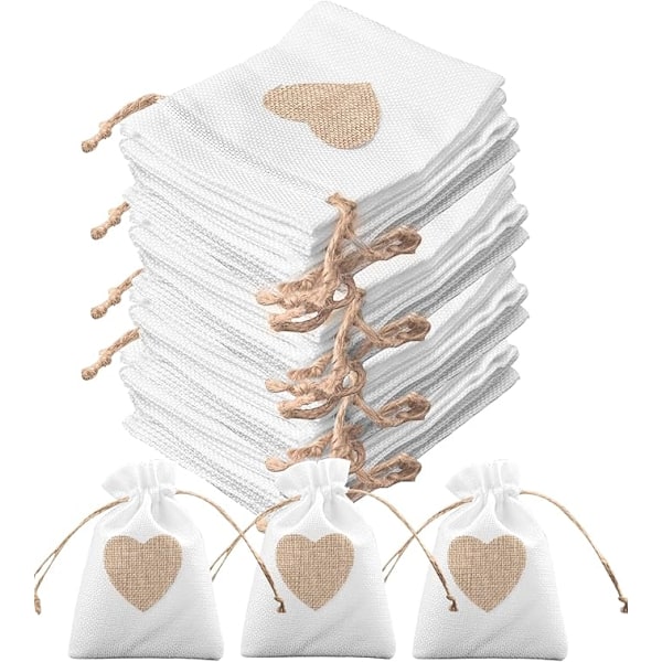 30 st Jutepåsar 10x14cm Hjärtmönster Jutepåsar Set med Små Påsar med Dragkedja för att Hålla Godis Smycken Presentask Dragee för Bröllop Dop Födelsedag