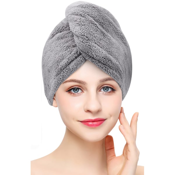3-pak Superabsorberende Mikrofiber Håndkle, Vridd Turban, Hurtigtørkende Håndkle med Knapper, Badeløkke, Hette for Tørt Hår (Grå, Rosa, Blå)