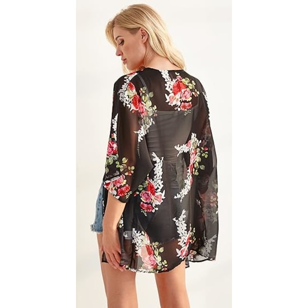 Kvinde Floral Print Puff Sleeve Kimono Cardigan Løs Cover Up Casual Blou