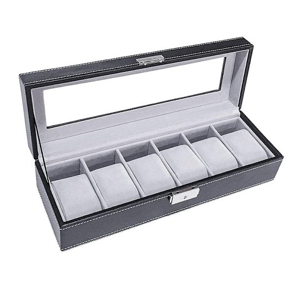 Kellolaatikko, korurasia 30 x 11 x 8, näyttölaatikko, kellokotelo, 6 tyynyä, yksi