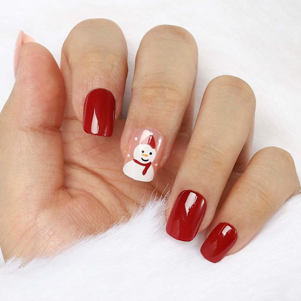Korta fyrkantiga tryck på nagelglans snöflinga röda falska naglar glitter älg falska naglar akryl full cover naglar jul nageltillbehör för kvinnor och flickor 24 st (julgran)