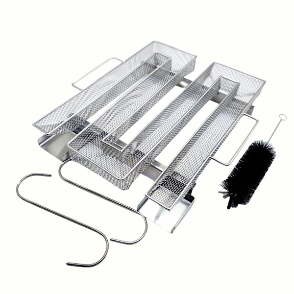 Koldrøgsgenerator i rustfrit stål med 2 kød kroge + 1 rengøringsbørste - Røger til BBQ grill, genanvendelige røgere (22,5 x 21,5 x 4 cm)