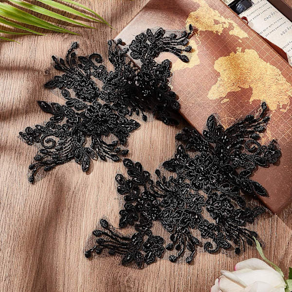 2 stk. Perleblomst Broderi Blonder Patches Blomster Sort Blomster Broderet Sy på Applikationer Blonder Stof Trim til Hovedbeklædning Tøj Brude Tilbehør
