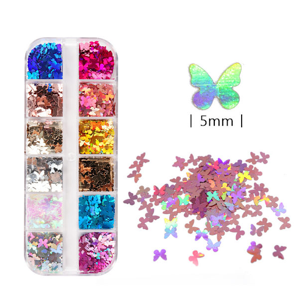 Fjärilsglitter för nagelkonst 3D glittrande laserfjäril nagelpaljetter, flingor glitter för akryl nagelkonst design smink DIY dekorationssats