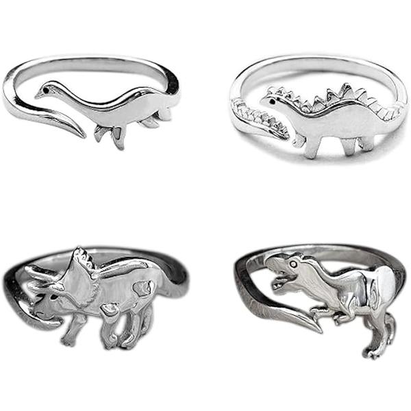 4 stk. søde dinosaur Tyrannosaurus Triceratops ring sæt 14K sølv