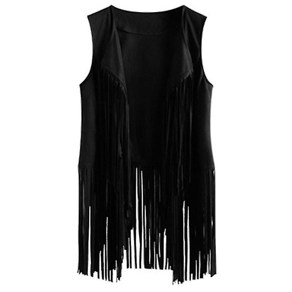 Ermeløs jakke med frynser og dusker i 70-talls hippie-stil, foran, cardigan, svart, L