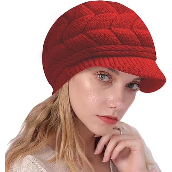 Varm vintermössa för kvinnor, elegant stickad mössa med skärm, vinterberet med foder
