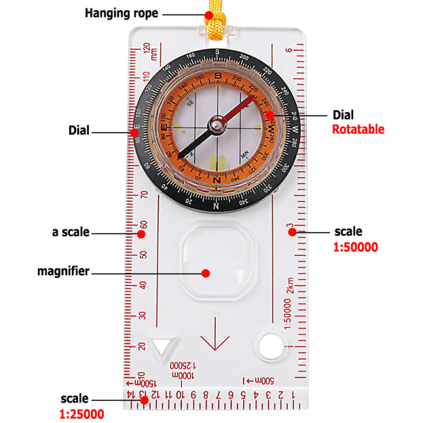 Compass Ruler Scale Magnifier - Scoutverktyg för vandring, camping, båtliv, en