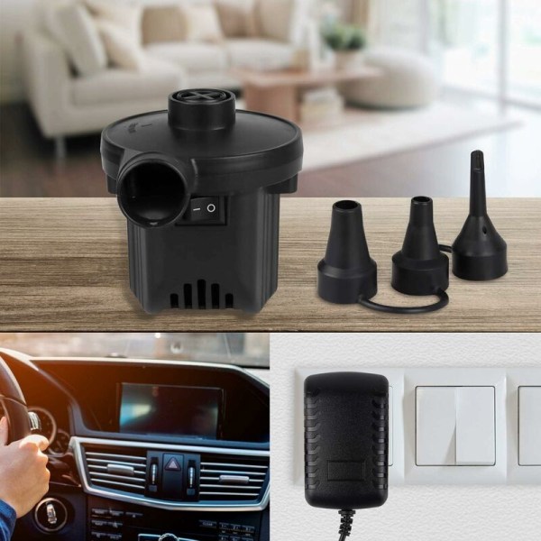 Elektrisk luftpump med 3 munstycken, elektrisk uppblåsningspump med hög effekt, luftpump för plaskdamm, poolleksaker, uppblåsbar madrass, uppblåsbar soffa, simring