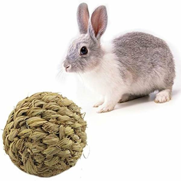 Tuggbart leksak för husdjur, hållbar naturlig gräsboll med klocka för marsvins tänder