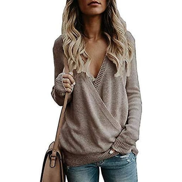 Kvinder Langærmet Dyb V-hals Strik Sweater Wrap Front Løs Top Pullover J