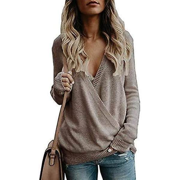 Kvinnor Långärmad Djup V-ringad Stickad Tröja Wrap Front Lös Toppar Pullover J