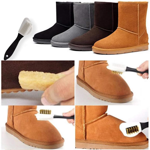 2 stk. Skinnbørster i semsket skinn, 3-sidig multifunksjonsbørste for nubuck og semsket skinn, messingbørste, skinnbørste med håndtak