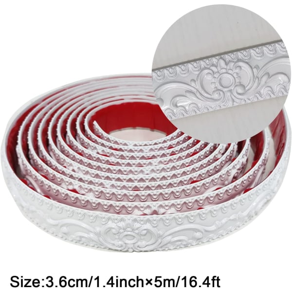Självhäftande flexibel list, taklist, vägglist för inredning, väggbård, tak (3,6 cm × 5 m vit)