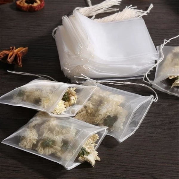 Teefilterbeutel für losen Blatttee, 100 Stück Beutel mit Kordelzug, leerer Tee-Infuser, ungebleichte Siebfilterbeutel, umweltfreundliche Tee-/Kräuter-Brühbeutel, lose Blatttee-Infuser, natürliche Teefilterbeutel