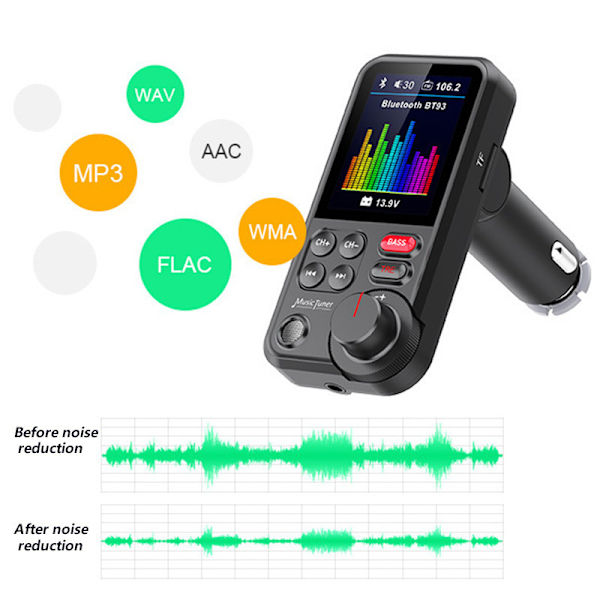 Trådlös bil Bluetooth FM-sändare Laddar diskant och bas Så